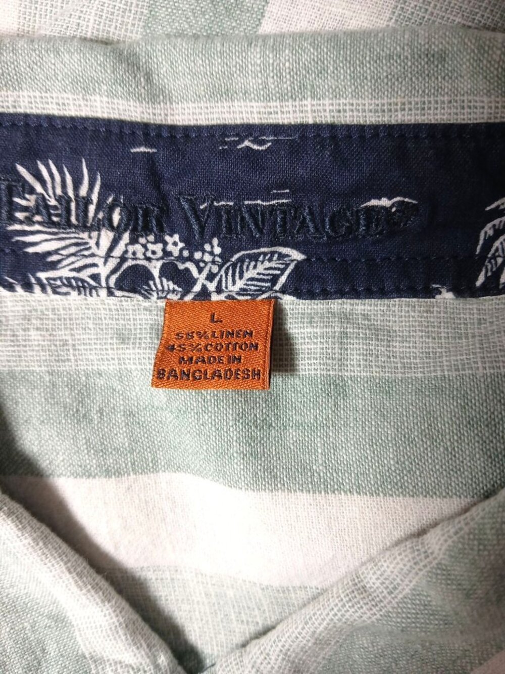 Tailor Vintage Mens Green White Striped Puretec Cool Linen Button Shirt Size L - Picture 12 of 13